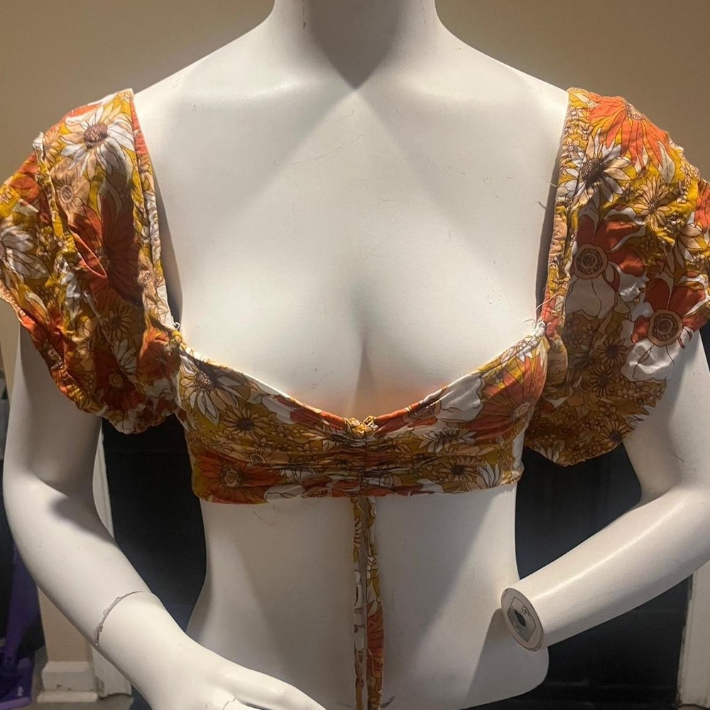 Orange floral boho hippie tie front crop top